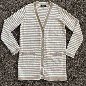 Dokotoo Women’s Cardigan Striped, Button down with pockets (beige/white) small
